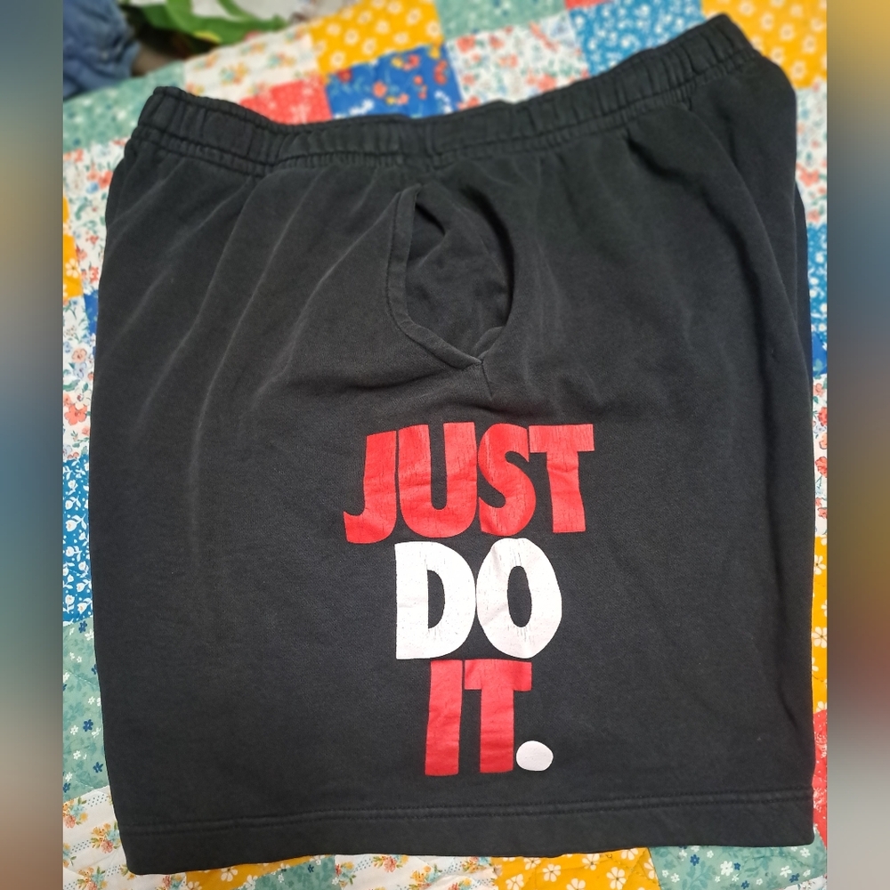 Nike Black Fleece Shorts with Bold Red and White JUST DO IT Men's XL